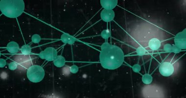 Veri arkaplanı üzerinden birbirine bağlı çizgilerle yeşil moleküler yapının animasyonu. Bilim, teknoloji, ağ, dijital, soyut, fütüristik