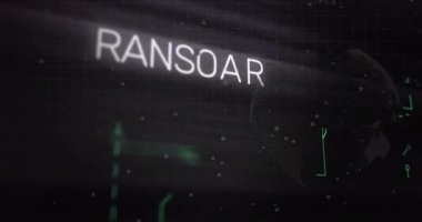 Fidye yazılımı animasyonu, dijital dünya haritası ve arka planda ikili kod. Siber güvenlik, hackleme, teknoloji, tehdit, virüs, kötü amaçlı yazılım