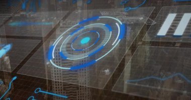 Fütürist animasyon ve dijital dairesel grafik arayüzü olan şehir manzarası. şehir, teknoloji, yenilik, modern, siber