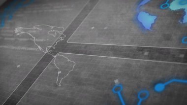 Dünya haritasında dijital veri hatlarını kaplayan mavi ağ bağlantılarının animasyonu. Teknoloji, yenilik, bağlantı, küresel, iletişim, siber uzay