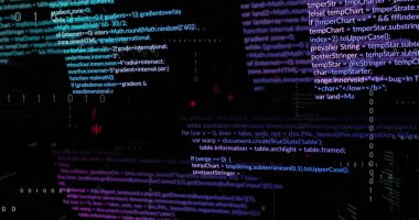 Siyah arkaplan sembollü veri işleme resmi. Küresel teknoloji, bilgisayar ve dijital arayüz kavramı dijital olarak oluşturulmuş görüntü.