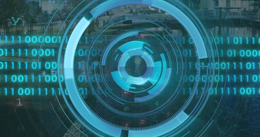 Şehir manzarası üzerinde veri işleme ile tarama kapsamı resmi. Küresel teknoloji, bilgisayar ve dijital arayüz kavramı dijital olarak oluşturulmuş görüntü.