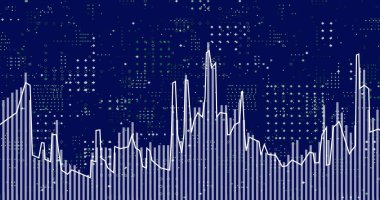 Mavi arkaplanda hareket eden diyagram ve noktaların resmi. Küresel teknoloji ve dijital arayüz konsepti dijital olarak oluşturuldu.