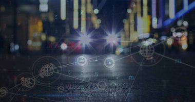 Şehir manzarası üzerindeki bağlantı ağının resmi. Dijital olarak oluşturulmuş küresel bağlantılar, hesaplama ve veri işleme kavramı.