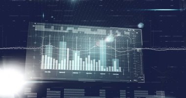 Karanlık arka planda finansal veri işleme resmi. Küresel iş, finans, dijital arayüz, veri işleme ve bağlantılar konsepti dijital olarak oluşturuldu.