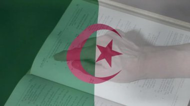 Cezayir bayrağı animasyonuyla kitabı göstermek, okul kütüphanesinde çalışmak. Eğitim, araştırma, öğrenme, kültür