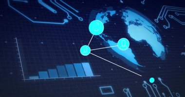 Dünya haritası üzerinde dijital ağ bağlantılarını ve veri analizlerini gösteren animasyon. Teknoloji, internet, küresel, bağlantı, siber güvenlik, yenilik