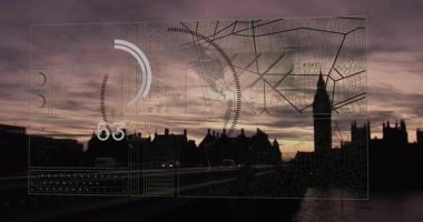 Günbatımında şehrin ufuk çizgisi arkaplanda fütüristik dijital animasyon ile örtüşüyor. Kentsel, şehir manzarası, teknoloji, yenilik, modern