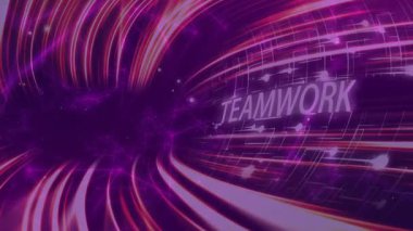Girdap halinde pembe ve mor ışık yollarıyla takım çalışması metninin animasyonu. işbirliği, birlik, yaratıcılık, parlayan, canlı, sinerji