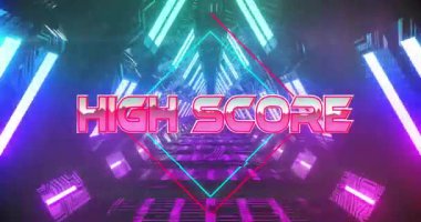 Neon ışıkları ve fütüristik geometrik desenleri olan yüksek puanlı animasyon. soyut, dijital, siber, teknoloji, parlayan, renkli