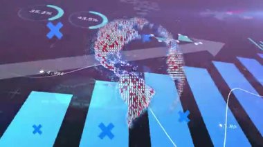 Animasyon mavi haçlar. Borsa rakamları ekranında dijital arıza etkileri var. Finans, teknoloji, animasyon, iş, ekonomi, yatırım