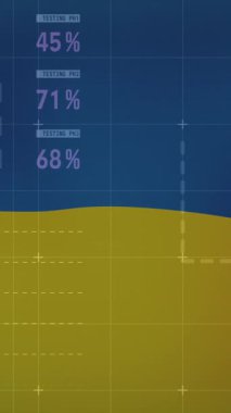 Ukrayna bayrağı üzerinde grafik ve veri animasyonu. Ukrayna krizi, ekonomik kriz ve dijital olarak üretilen uluslararası politika kavramı.