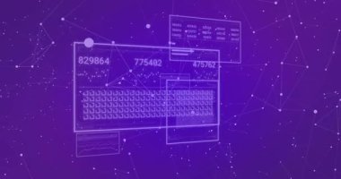 Mor ağ üzerinden sayılarla ve klavyeyle dijital veri işleniyor. Teknoloji, yenilik, ağ, iletişim, fütüristik, kodlama