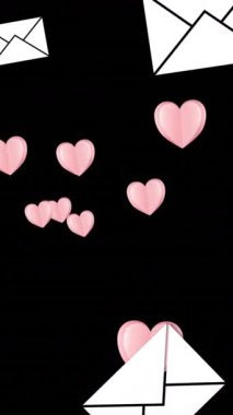 Siyah arka planda kalp ve e-postaların animasyonu. Sosyal medya ve iletişim konsepti dijital olarak oluşturulmuş video.