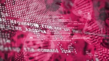 Kırmızı bilimsel arka plan animasyonu üzerinde DNA iplikleri ve virüs hücreleri. Biyoteknoloji, mikrobiyoloji, genetik, viroloji, moleküler, araştırma