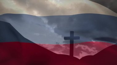 Animasyon sahnesinde bulutlu gökyüzüne çapraz silueti sallayan bayrak. Vatanseverlik, özgürlük, maneviyat, sembolizm, din, birlik