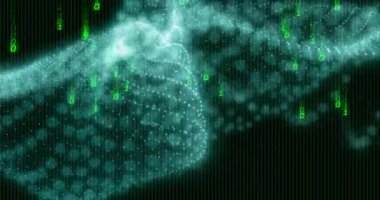 Soyut el şekli, parlayan parçacıklar animasyonu ile dijital ikili kod oluşturuluyor. Teknoloji, fütüristik, ağ, yenilik, veri, sanal