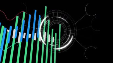 Siyah arkaplanda dairesel verileri olan renkli çubuk ve çizgi grafiklerinin animasyonu. Çizelge, analiz, görselleştirme, bilgi, finans, teknoloji