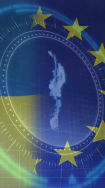 Ukraynalı ve eu bayrakları üzerinde tarama kapsamı animasyonu. Ukrayna krizi, güncel ilişkiler, politika ve küresel ekonomi konsepti dijital olarak oluşturulmuş video.