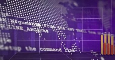 Dijital dünya haritası üzerinde sayısal verilerle yükselen çubuk grafiğinin animasyonu. İstatistikler, analitikler, küresel, veri görselleştirme, büyüme, ilerleme