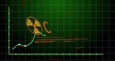 Radyasyon uyarısı işareti, dalgalanan grafikler acil eylem gerektiğini gösteriyor. Tehlike, güvenlik, alarm, acil durum, monitör, veri