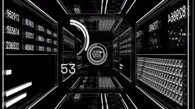 Dijital veri tünel tasarımındaki fütürist grafiklerin ve sayıların animasyonu. Teknoloji, siber, yenilik, analitik, ağ, sibernetik