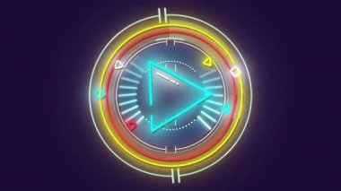 Parlak çizgiler ve renkli şekillerle çevrili neon çalma butonuyla animasyon. dijital, teknoloji, soyut, geleceksel