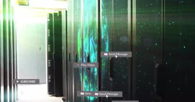 Veri merkezi sunucularını uyarılarla kaplayan dijital ağ grafiklerinin animasyonu. Teknoloji, bilgisayar, bilgi, internet