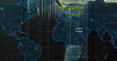 Ofiste veri noktaları ve altıgen desenli dijital dünya haritasının animasyonu. Küresel, siber güvenlik, ağ, bağlantılar, teknoloji, yenilik