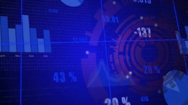 Mavi ve kırmızı teknolojik arka planda dijital veri ve grafikler. Teknoloji, fütürist, analitik, yenilik, bilim, matris