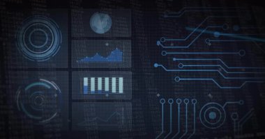 Karanlık arkaplanda veri grafiklerini ve devreleri gösteren dijital arayüz animasyonu. Teknoloji, fütürist, analitik, bilgi