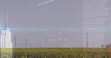 Olay yerini kaplayan veri işleme animasyonlu rüzgar türbinleri. Yenilenebilir enerji, yenilik, teknoloji, sürdürülebilirlik, yeşil