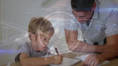Çocuğa ödevlerinde yardım eden adam, dijital arayüz animasyonu sahnesinde. özel ders, eğitim, teknoloji, akıl hocalığı, öğrenme, artırılmış gerçeklik