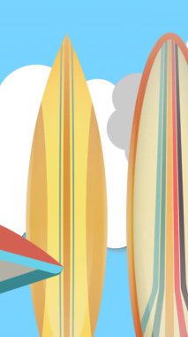 Gökyüzünde hareket eden bulutlarla birlikte şemsiye ve sörf tahtalarının animasyonu. su sporları, aktif yaşam tarzı ve tatiller dijital olarak üretilen video konsepti.