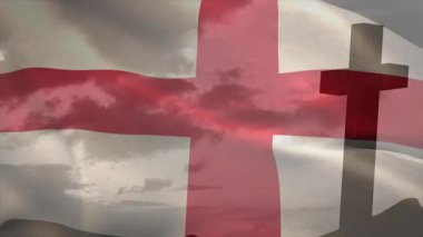 İngiltere bayrağı ve çapraz dalgalanan bulutlu gökyüzü, inancı ve mirası simgeliyor. Vatanseverlik, gelenek, maneviyat, amblem, kültür, ulusal