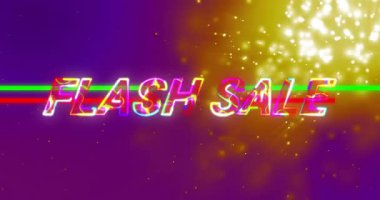Renkli efektli Flash Satış metninin animasyonu ve mor arka planda parlayan ışıklar. Promosyon, indirim, perakende, ticaret, pazarlama, canlı