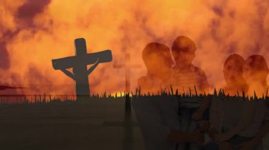 Canlı turuncu günbatımı gökyüzünde haçları olan siluetli bir aile. ruhani, dini, akşam, huzur, inanç