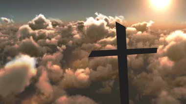 Arka planda güneşli gökyüzü olan dramatik bulutlara karşı haç silueti. Ruhanilik, inanç, din, günbatımı, ilham, barış
