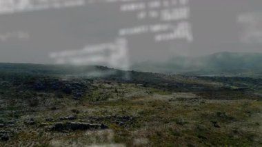 Kayalık arazili sisli manzara animasyonu, bulanık yazı kaplama sahnesi. Manzara, atmosfer, doğa, gerçeküstü
