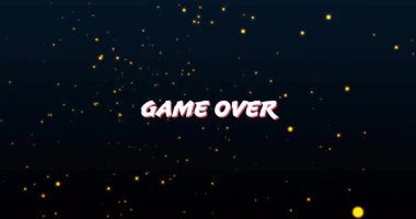 Parlayan parçacıklar Game Over arkaplanındaki metin etrafında canlanırlar. Animasyon, oyun, dijital, tipografi, hareket grafiği, neon