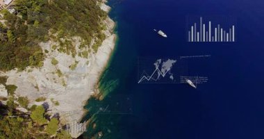 Sahil şeridi ve okyanusun hava manzarasını kaplayan veri grafiklerinin animasyonu. infografik, istatistik, deniz, görselleştirme, analitik