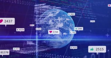 Veri analizi ve sosyal medya bildirimleriyle dijital dünyanın animasyonu. Teknoloji, ağ, bağlantı, iletişim, fütürist, internet