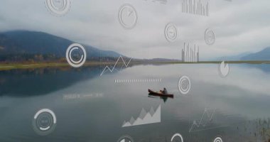 Sakin gölde, animasyon grafikli kano veri görselleştirme sahnesini kaplıyor. Doğa, sükunet, kano, dijital, bilgi, ağ