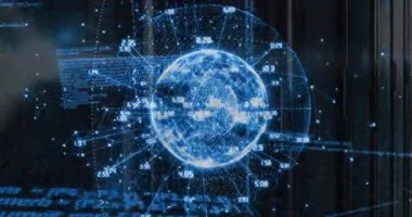 Küresel bağlantıyı gösteren veri ve ikili kodlu dijital kürenin animasyonu. Teknoloji, küreselleşme, ağ, yenilik, siber alan, bilgi