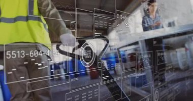 Veri analizi arayüzü ile çalışan endüstriyel işçiler animasyonu örtüyor. Teknoloji, endüstri, üretim, otomasyon, yenilik, mühendislik