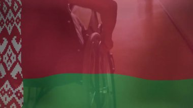 Belarus bayrak animasyonu. Tekerlekli sandalye kullanan biri. Okulda erişilebilirliği teşvik ediyor. Katılım, çeşitlilik, eğitim, yetkilendirme, savunma, sakatlık