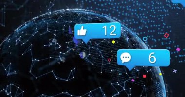 Küresel ağ ve dünya görsellemesine yayılan dijital uyarıların animasyonu. Küreselleşme, bağlantı, iletişim, teknoloji, veri, internet