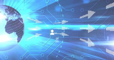 Mavi arkaplanda ağ bağlantıları ve veri akışı animasyonuna sahip dijital dünya. Teknoloji, bağlantı, yenilik, iletişim, küresel, siber
