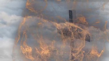 Animasyonda bulutlu gökyüzünde dönen ateşli parçacıklar. Ruhani, ruhani, din, inanç, mistik, doğaüstü