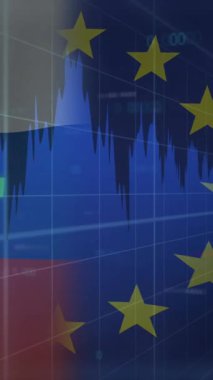 Rusya bayrağı animasyonu ve veri işleme üzerinden veda. küresel iş, finans, bağlantılar ve dijital arayüz konsepti dijital olarak oluşturulmuş video.